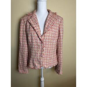 Vision Apparel Blazer Women's 14 Pink Tweed with Fringe Silk Blend Jacket